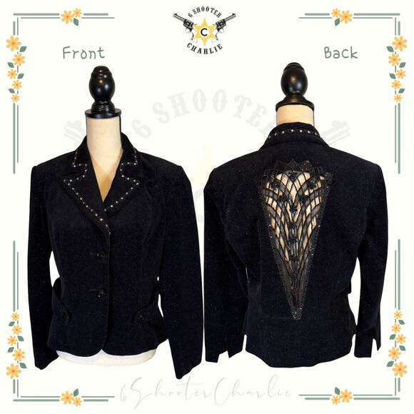 Bisou Bisou Black Sparkly Corduroy Cutout Back Rhinestone Jacket Womens Sz Large - Picture 1 of 6